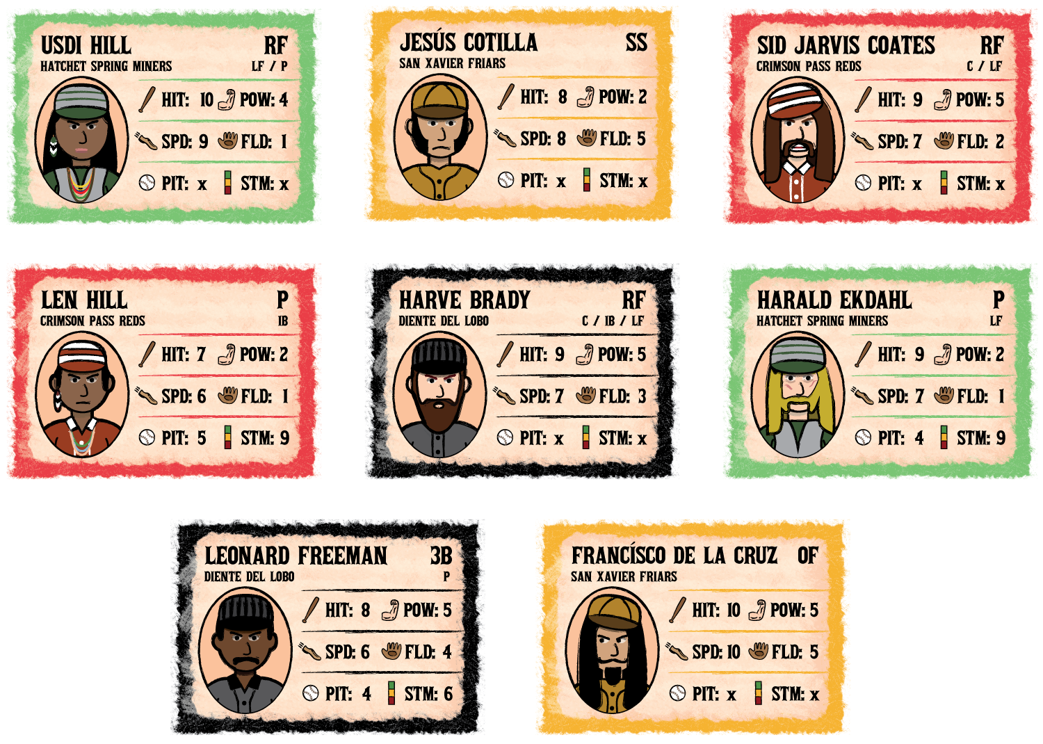 A selection of player cards from the game Gangs of Teradeso: Baseball, by Failed Mutiny