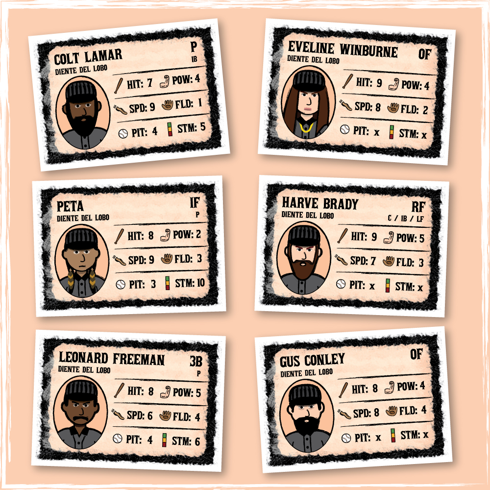 6 player cards from Diente del Lobo in Gangs of Teradeso: Baseball