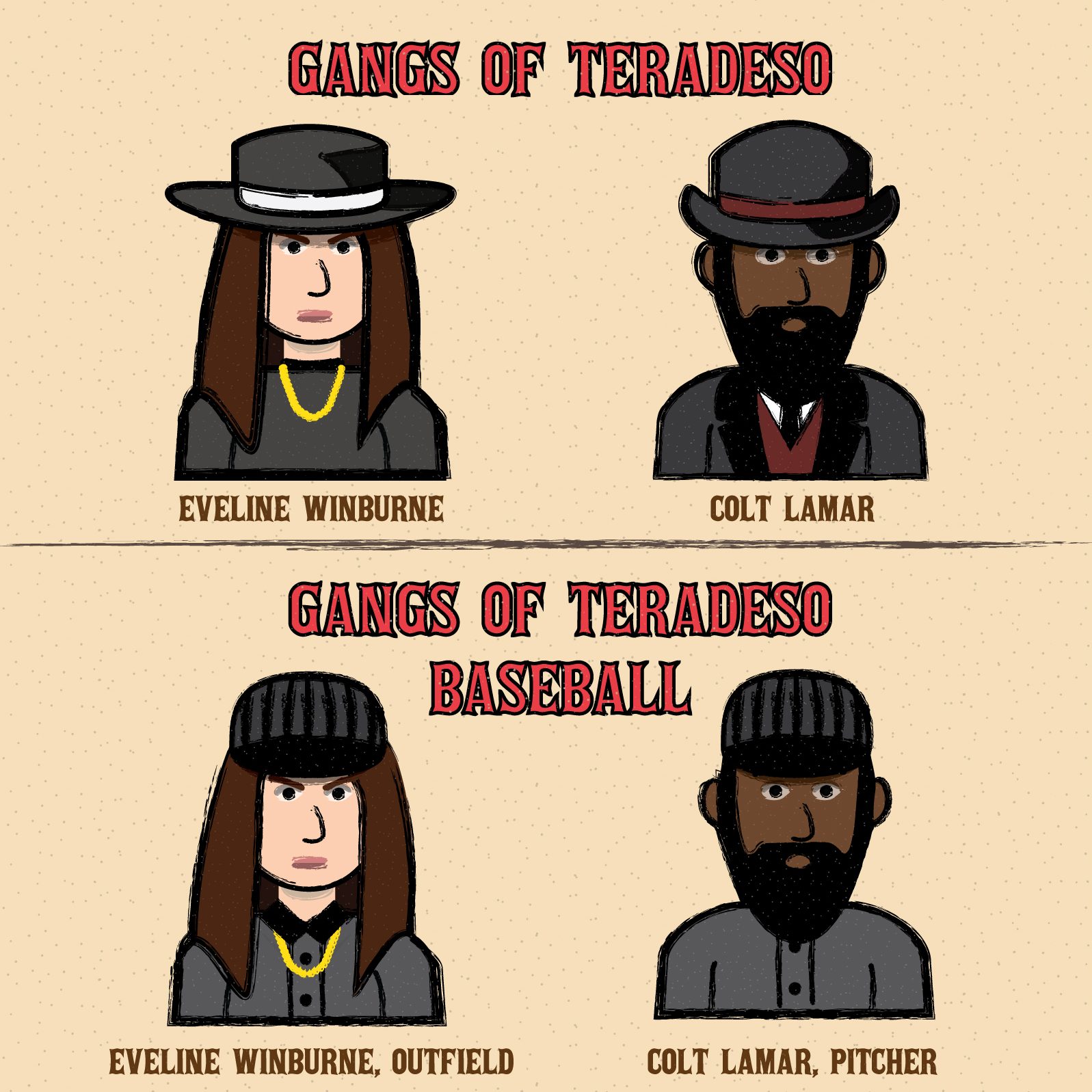 Image showing the difference between Evelyn Winburne and Colt Lamar in Gangs of Teradeso and Gangs of Teradeso: Baseball