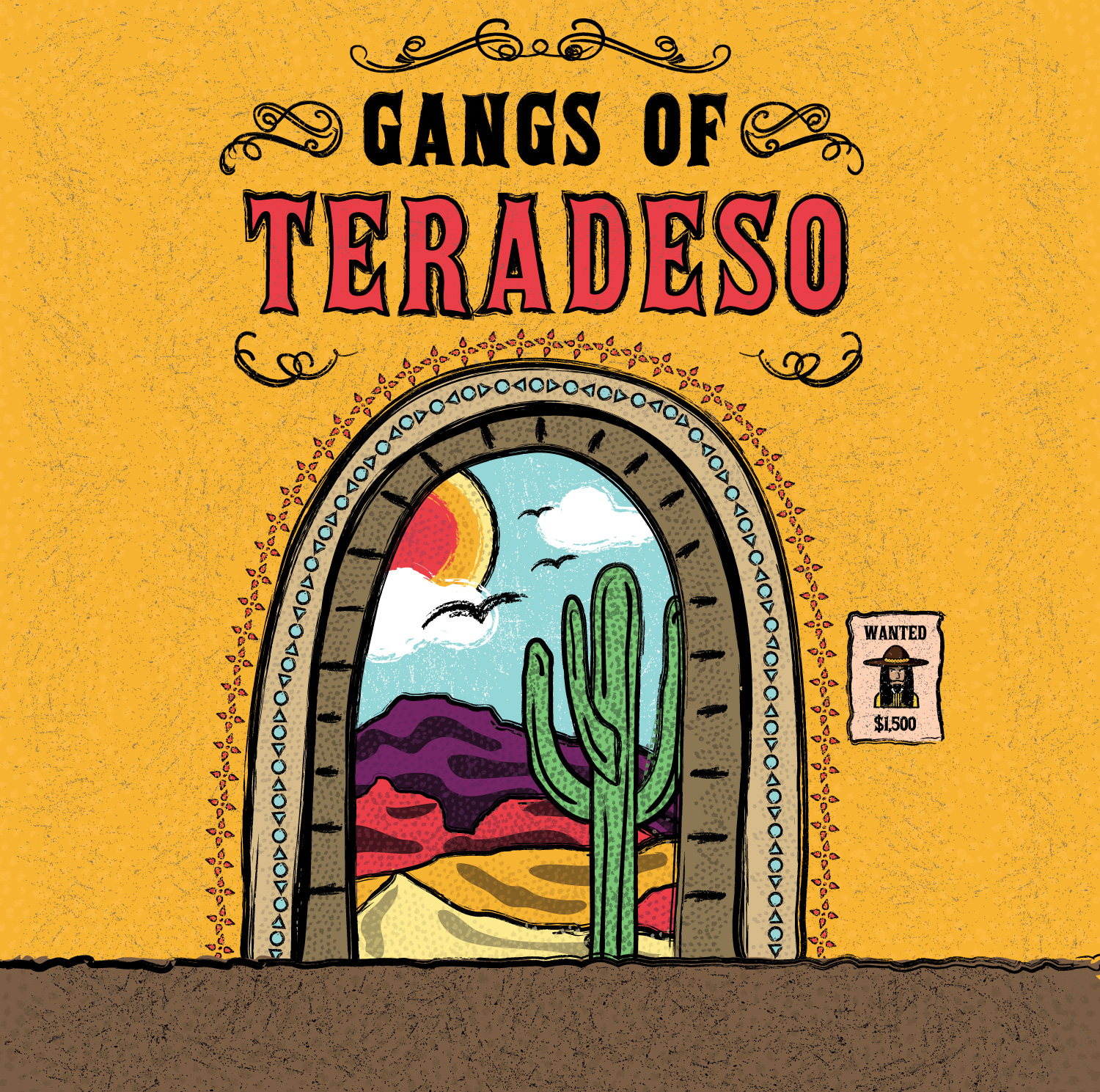 Gangs of Teradeso image showing stucco wall of a building in the desert with a mountain, cactus, and sun through the doorway.