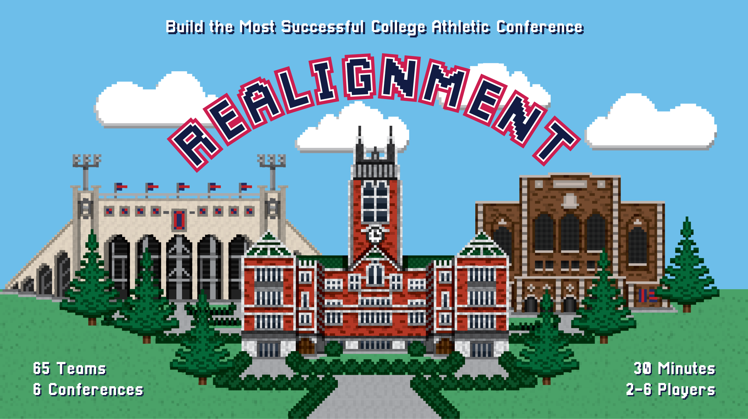 Realignment by Failed Mutiny hero image with gym, football field, and campus admin building in pixel art.